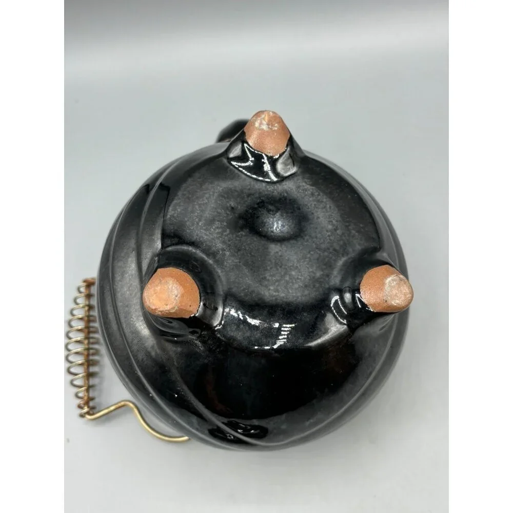 Vtg Wales Black Teapot With Hand Painted Fruit Design Coiled Metal‎ Handle